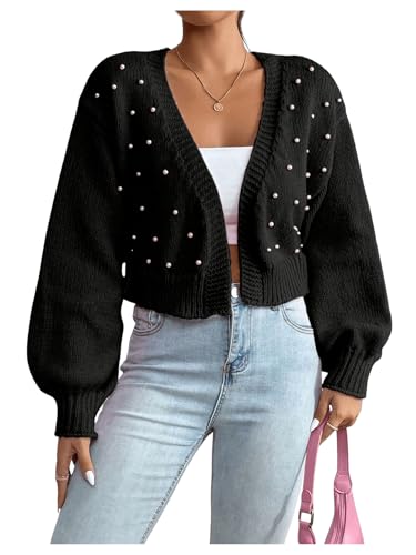 Image of SHENHE Women's Pearl Beaded Open Front Cardigan Oversize V Neck Drop Shoulder Cropped Sweater