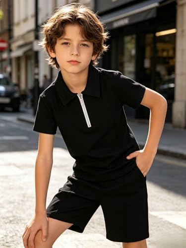 Image of Yoxindax Boys Clothes 2-Piece Casual Street Style Turn-Down Collar Half Zip Kids 4-12 Years Teen Boys Summer Outfits