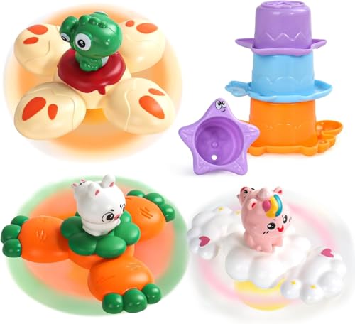 Fajiabao Juguetes Bañera Bebe 1 Año | Juguetes Niños 1 año - Set Bañera 8 Piezas con Spinner Ventosa, Tazas y Regadera Juguete de Baño Educativos para Niños 6-12 Meses Regalo Original Niña Niño