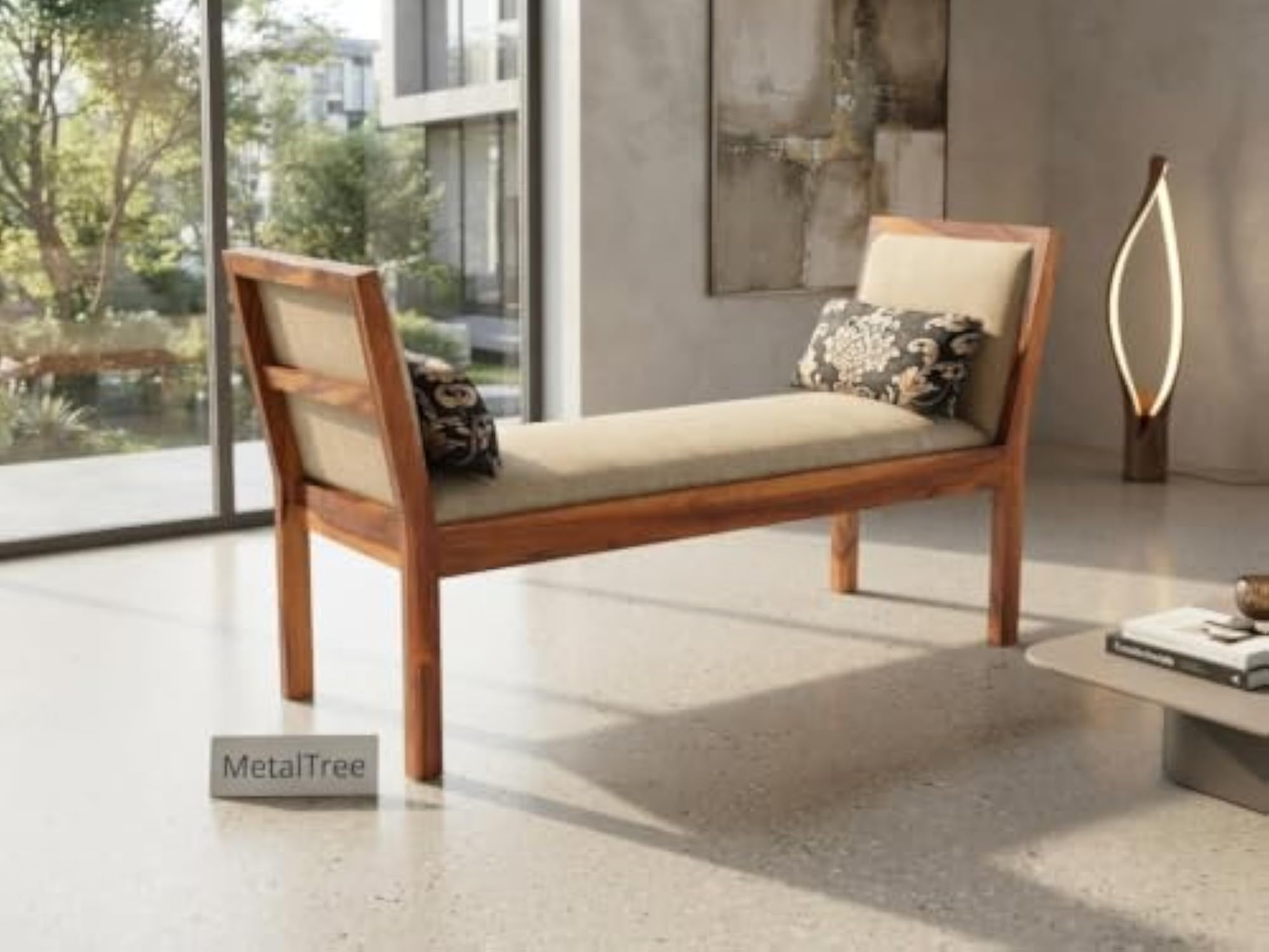 Wooden 2 Seater Bench with Cushion Seating & Back Rest Support