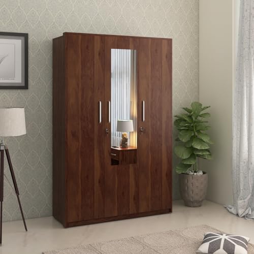 Image of Spacewood Value Wardrobe | 3 Year Warranty | Almirah, Cupboard, Almari, 3 Door Wardrobe with Mirror, 1 Drawer (1 Lock Drawer) and 1 Hanging Space|Engineered Wood| Sheesham