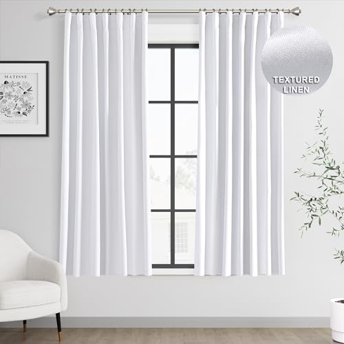 Joywell 100% Blackout Linen Curtains 63 Inches Long for Bedroom 2 Panels Set Black Out Curtain Back Tab Hook Belt Light Blocking Drapes for Bathroom Living Room Window,52 x 63,White