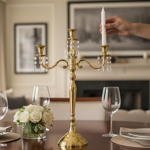 Image of Premium 24 Inch Golden Aluminum 3-Arm Candle Stand with Crystal Hangings | Luxury Centerpiece for Home Decor, Weddings, Festive Decoration & Dining Table
