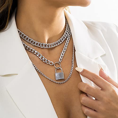 Jumwrit JUMWRIT-2021-NECKLACES-105-SILVER Chunky Chain Necklace Punk Layered Choker Necklaces Cuban Link Chain Necklace With Lock Pendant Necklace Statement Necklace For Women（Silver） thumb #2