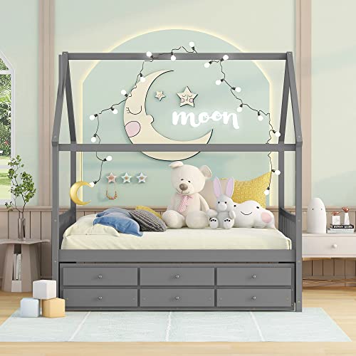 Full House Bed With Trundle And 3 Storage Drawers Full Size Captain’s Beds All In One Wood Daybed For Kids Boys Girls Teens Guests Sleepovers, Gray #TOP2