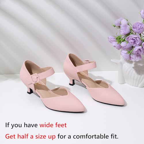 Image of RIBONGZ Comfortable Kitten Heels for Women Pointed Closed Toe Ankle Strap Buckle Heels Slip on Low Heel Church Pumps Wedding Bridal Party Dressy Shoes