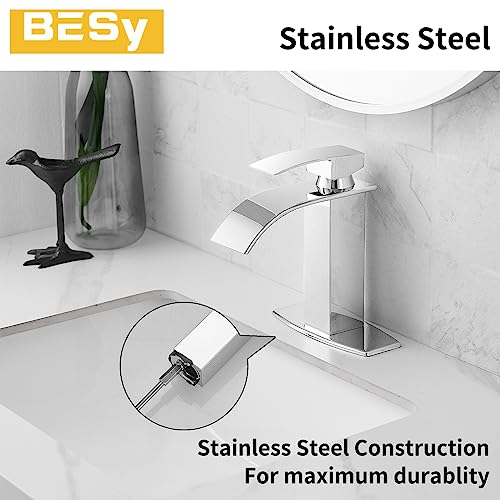 Besy Waterfall Spout Bathroom Faucet,Single Handle Bathroom Vanity Sink Faucet, Rv Vessel Faucet Basin Mixer Tap With Deck Plate, Stainless Steel Polished Chrome, 1 Or 3 Hole #TOP5