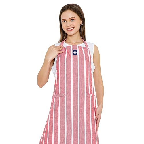 Image of Encasa XO Cotton Cooking kitchen Apron for Women and Men chef apron With adjustable neckstrap, Pocket & Towel Holder for Easy cooking, Baking, BBQ, Gardening- Roma Red Stripes, 68x85 cm
