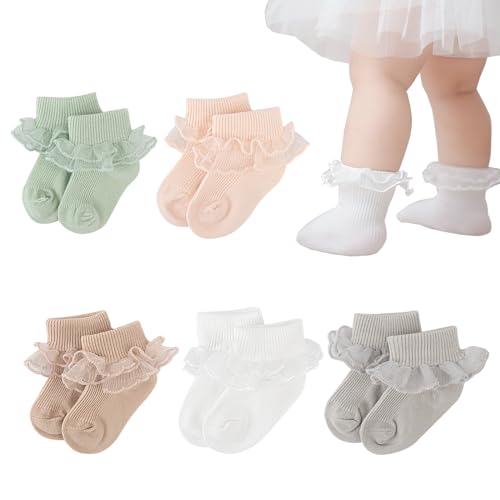 Meeshine Baby Newborn Girls' Lace Ruffle Ankle Socks Toddler Frilly Cotton Princess Dress Socks 5/6-Pack