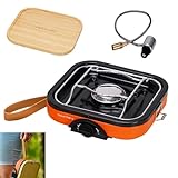 BakerStone Camping Stove, Outdoor Portable Propane Gas Stove with 8000 BTU, Single Burner Camp Stove with Cooking Grate, Wooden Tray, Inlet Gas Regulator and Pipe