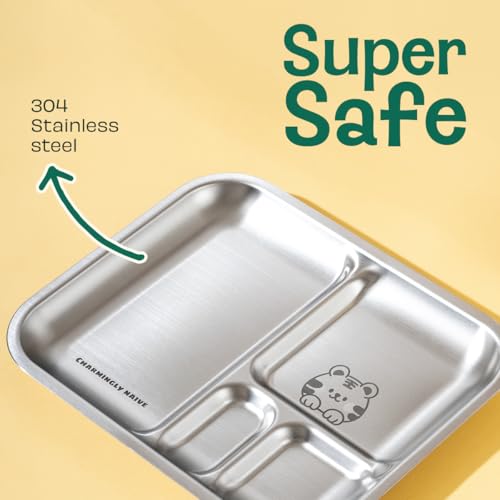 Image of Basil Stainless Steel Plate for Kids - Kids Plates for Food with 3 Compartments - Dinner Plates for Baby - Unbreakable Dinner Plates - Ideal for Birthday, Return Gifting - Bento Tiger Plate