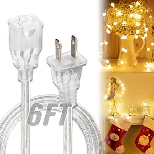6 FT Clear Extension Cord - Male to Female Invisible Indoor 2 Prong Power Cable Thin Extension Cord UL-Certified 2 x 18 AWG 250V 6A