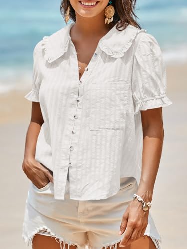 Tankaneo Womens Puff Sleeve Shirts Peter Pan Collar Button Down Cotton Blouse Casual Summer Textured Tops3