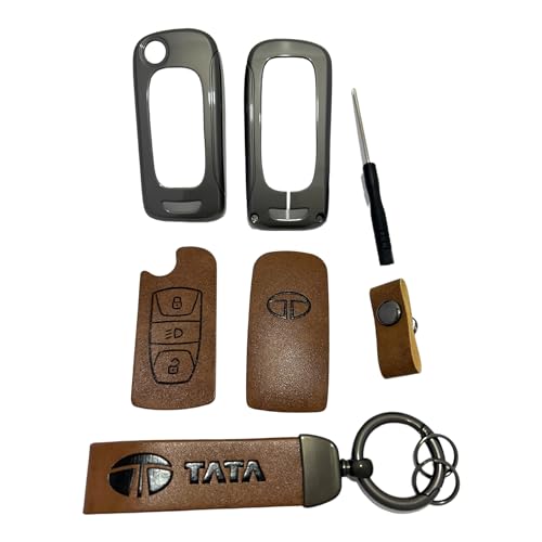 Image of Zinc Metal Alloy Leather Car Key Cover & Case Brown with Keychain & Holder fit for TATA Nexon, Punch, Altroz, Tigor, Tiago, Harrier, Zets, Bolt, Hexa, Storme (3 BT Flip Key)