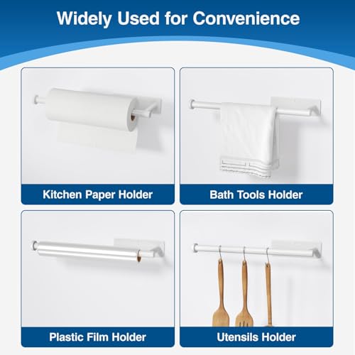 Image of Paper Towel Holder - Self-Adhesive or Drilling, White, Wall Mounted, SUS304 Stainless Steel Kitchen Roll Dispenser Under Cabinet