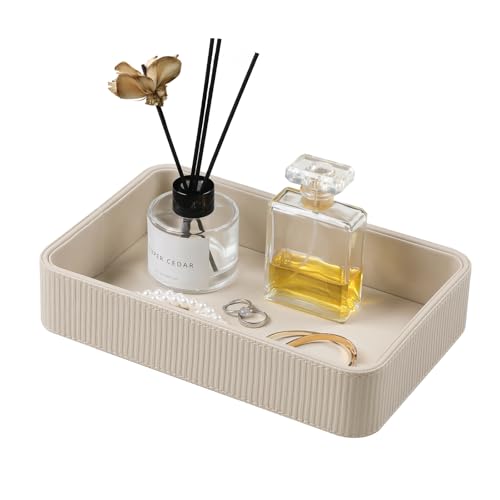 Cretkhp PU Leather Valet Tray Organizer Modern Nightstand Organizer Bedside Desktop Storage for Womens and Men Decorative Perfume Trinket Catchall Vanity Tray for Key Watch Wallet (Beige)
