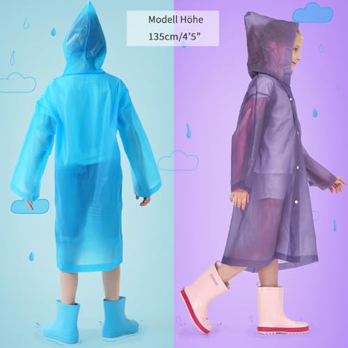 Opret 2 Stück Regenponcho Kinder, Wiederverwendbar Wasserdicht Regencape Kinder mit Kapuze und Ärmeln, Eva Atmungsaktiv Regenschutz Regenmantel Kinder für Mädchen Jungen Wandern Camping Reisen