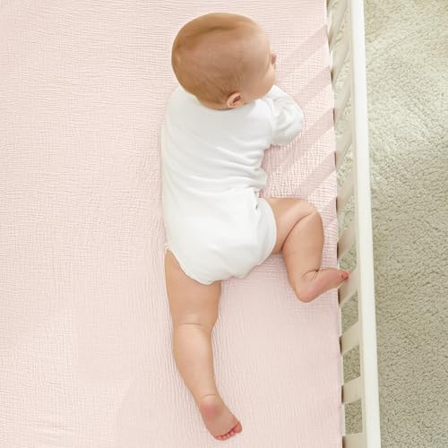 Image of Bearmoss Muslin Mini Crib Sheets for Pack N Play Mattress - 100% Cotton - 38 inchx26 inch Soft Breathable Playard Baby Crib Sheets Neutral for Boys Girls - 2 Pack (Pink Purple)