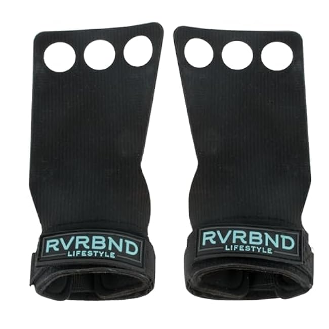 RVRBND Lifestyle 3 Hole Rubber Carbon Hand Grips for Crossfit, Gymnastics, Lifting, Pull Up with Velcro Wrist Strap & Foam Pad, Smooth Hand Protection
