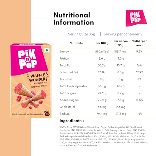 Image of Pik n Pop Raspberry Mini Waffle Cones 70g (Pack of 2), Crispy Cones with Creamy Raspberry Filling, Whole Wheat, Non-Meltable Ready-to-Eat Snack, 100% Eggless
