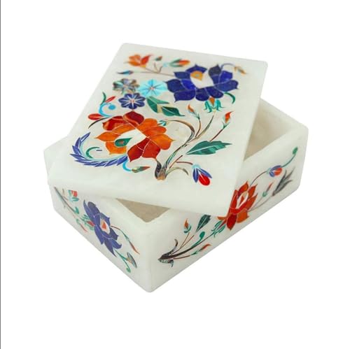 Boîte à bijoux marbre blanc rectangle avec pierres précieuses 12x8 cm - 3