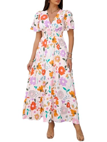 Image of Boho Floral Maxi Dress for Women 2026 Empire Waist Short Sleeve Dresses Summer Beach Vacation Wedding Guest Outfit