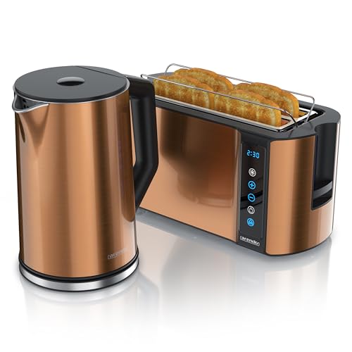 Arendo - Wasserkocher mit Toaster SET Edelstahl Kupfer, Wasserkocher 1,5L, 2000W, 40° 100°C Warmhaltefunktion Toaster 4 Scheiben 1500W Display 7 Bräunungsgrade Brötchaufsatz