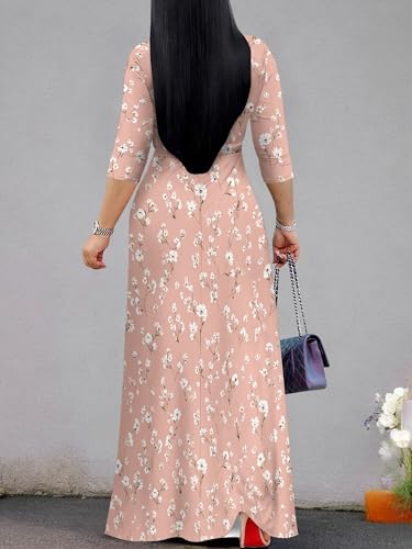 Image of SUZONANA Plus Size Dresses for Curvy Women Floral Print Maxi Dress Bodycon Wrap 3 /4 Sleeve Long Dressy with Belt