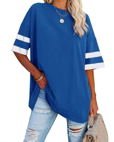Fisoew Womens Oversized Tees Loose T Shirts Half Sleeve Crew Neck Color Block Cotton Tunic Tops Blue S