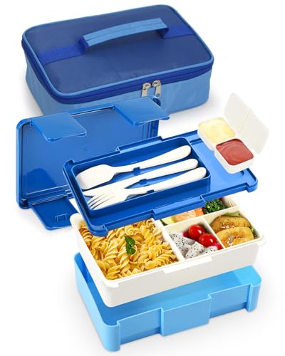 KALAHOL Bento Lunch Box, 1450ML Lunch Box for Children with 4 Compartments, Lunch Boxes with Cutlery Set, Leak-Proof Lunch Box Snack Boxes for Kids Work, Nursery, School, Picnic, Trips, Blue