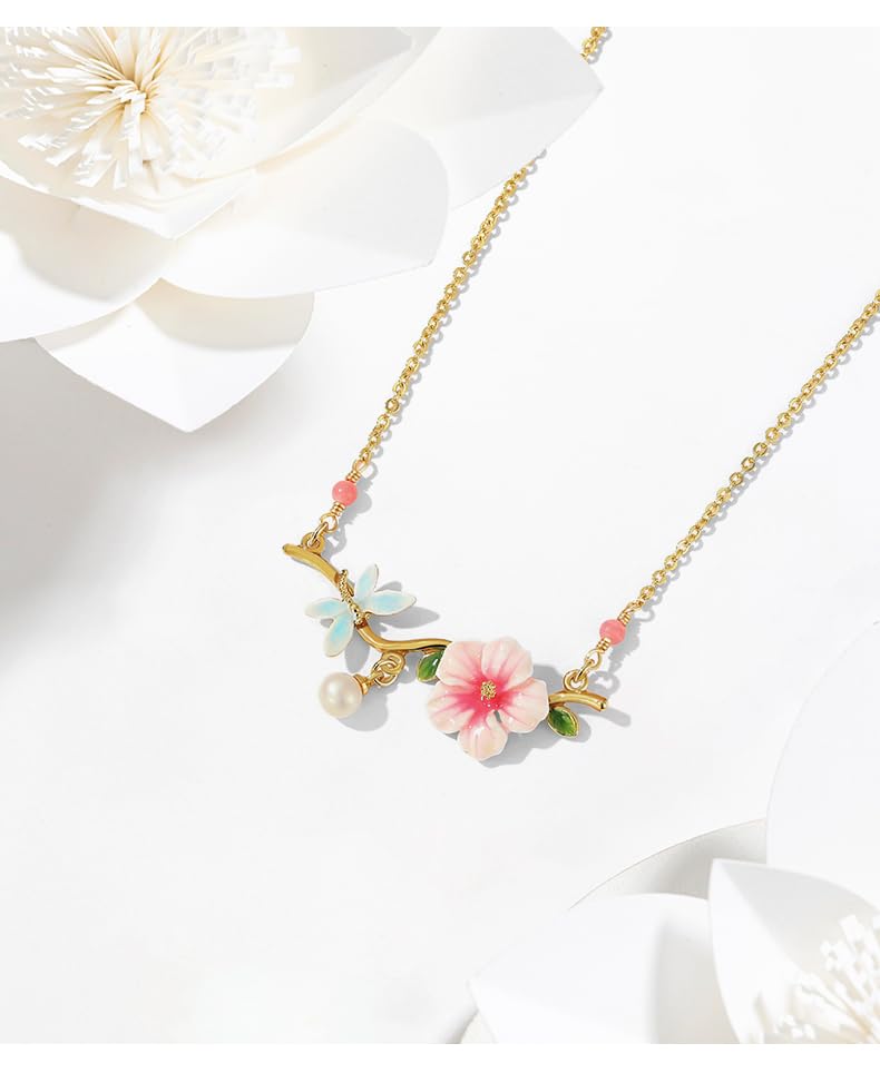 Pink Flower And Dragonfly Pearl Enamel Pendant Necklace Jewelry Gift3