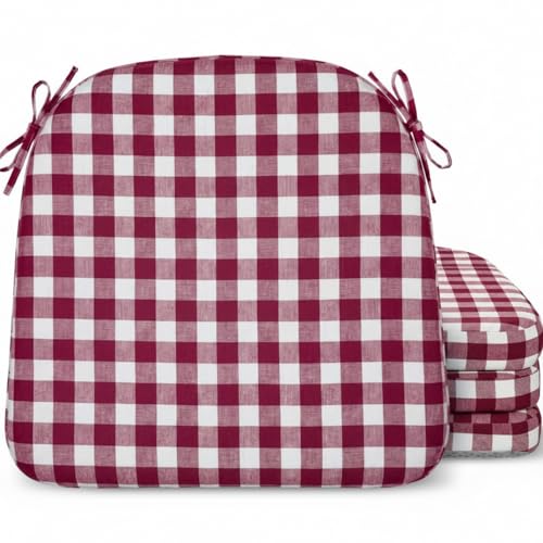 Geetery 4 Pack D-Shaped Checkered Chair Cushion for Dining 17"x16"x2" Thick Buffalo Plaid Non-Slip Chair Pad with Ties and Removable Cover for Home Outdoor Patio Room Indoor Seat Cushion(Wine Red)