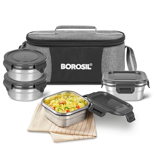 Borosil Feast Stainless Steel Lunch Box with Bag | Set of 4 (400 ml x 2 Square + 400 ml x...