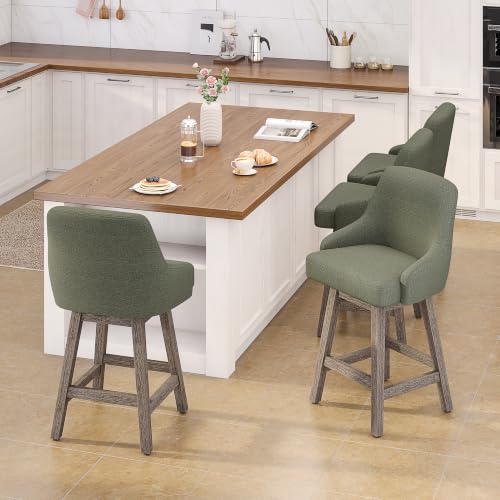Image of YaFiti Swivel Counter Height Bar Stools Set of 3, 24 inch Modern Chenille Fabric Barstools with Back, Widen Upholstered Seat, Hardened Wood Legs for Kitchen Counter, Island, Dining Room, Sage Green