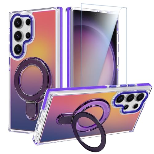 Image of Magnetic for Samsung Galaxy S23 Ultra Case with Stand [Compatible with Magsafe] [Cute Fluorescent Design] [1 Screen Protector] Slim Translucent Matte Case for Galaxy S23 Ultra 6.8 inch, Purple