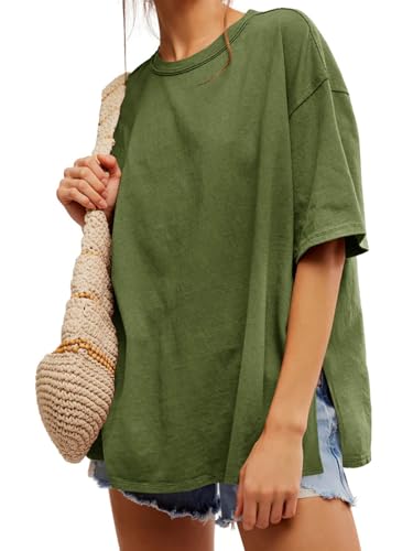 Image of Tankaneo Womens Oversized Tshirts Summer Casual Short Sleeve Crew Neck T Shirt Loose Fit Side Slit Tee Tops