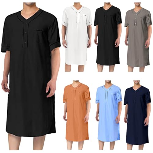 Men's Short Sleeve Nightshirt Quarter Button Pullover Shirts Solid Side Slit Long Sleepwear Loose Fit Thin Sleep Shirt2
