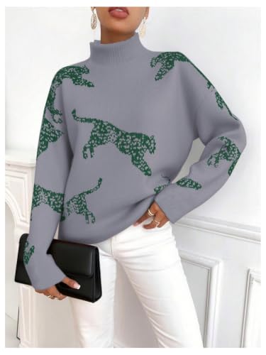 Image of WDIRARA Women's Leopard Tiger Print Sweater High Neck Long Sleeve Fuzzy Knitted Pullover Top