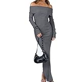 Seyurigaoka Women 's Elegant Off The Shoulder Sweater Dress 2023 Fall Rib Knit Long Sleeve Tight Bodycon Maxi Dresses (Bell Sleeve Gray, S)