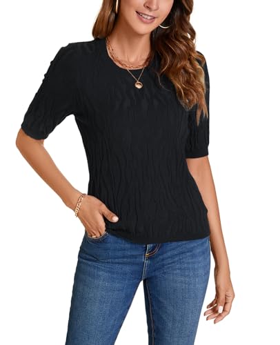 Image of MINTLIMIT Womens Short Sleeve Sweater Summer Pullover Shirt Tops Texture V Neck Casual Knit Tees Tops