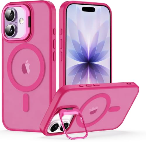 Image of Elzzi Translucent Matte Kickstand Case for iPhone 17, Built-in Adjustable Camera Stand, Translucent Matte Magnetic Mag-Safe Shockproof Phone Cover (Hot Pink)