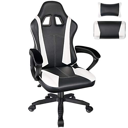 Leader Accessories Poltrona in Simipelle Morbido Girevole con Schiena Alta Ergonomica, Sedia da Gioco con Braccioli in Velluto e Poggiapiedi Imbottiti per Ufficio, Studio, con Rotelle, Nero/Bianco