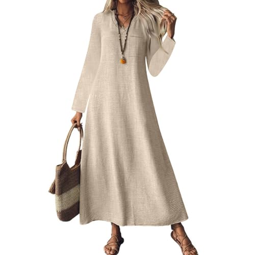 CUKOLSXA Long Linen Dresses for Women Solid Color Beach Vacation Clothes for Women Long Sleeve V Neck Breathable Dresses with Pockets