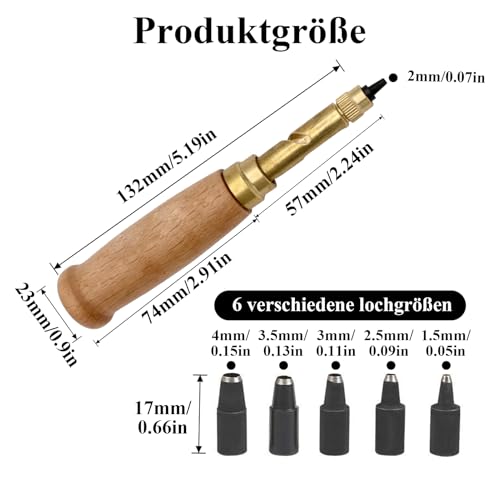 Sekfpnk Locher zum Nähen mit sechs Verschiedenen Lochgrößen, Lochdurchmesser verfügbar: 1,5/2/2,5/3/3,5/4 mm, Holzgriff, lochstanzer leder geeignet für Leder, Gürtel, und andere Materialien
