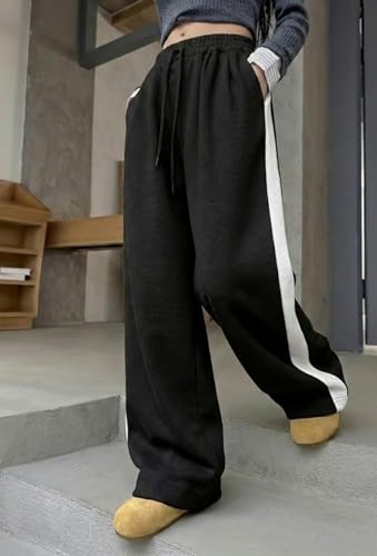 Image of dockstreet Straight Long Length Trouser Style Drawstring Contrast Belt Black and White Trackpant for Women /Trending, Relaxed Casual Lowers for Women