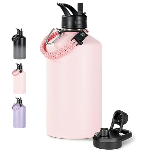 Fijinhom Gallon Water Bottle with 2 Lids (Straw & Spout), 304 Stainless Steel Water Jug with Handle and Wide Mouth, 1 Gallon Vacuum Double Walled Jug for Sports, Outdoors, Pink, 128 oz