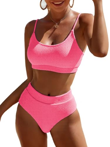 Image of Fanuerg Women's Ribbed High Waisted Bikini Sets Scoop Neck Two Piece Swimsuits Spaghetti Strap Textured Bathing Suit