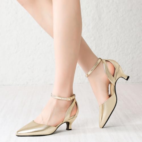 Image of RIBONGZ Comfortable Kitten Heels for Women Pointed Closed Toe Ankle Strap Buckle Heels Slip on Low Heel Church Pumps Wedding Bridal Party Dressy Shoes
