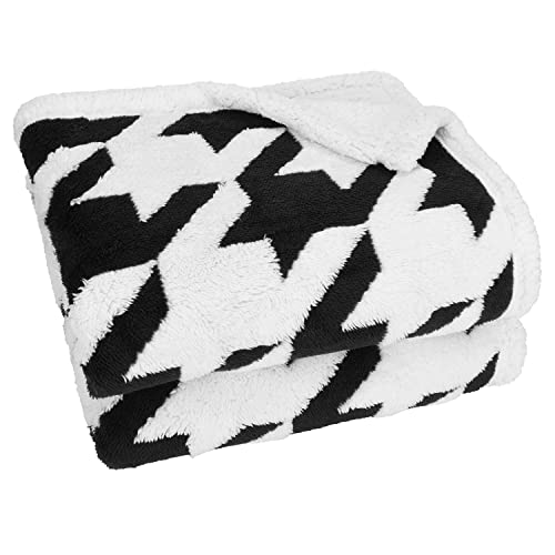 Sherpa Blanket Plush Throw Blankets Size 50" X 60" Fleece Reversible For Bed And Couch, Super Soft Comfy Warm Fuzzy Tv Blanket Black Houndstooth Plover Case #TOP4