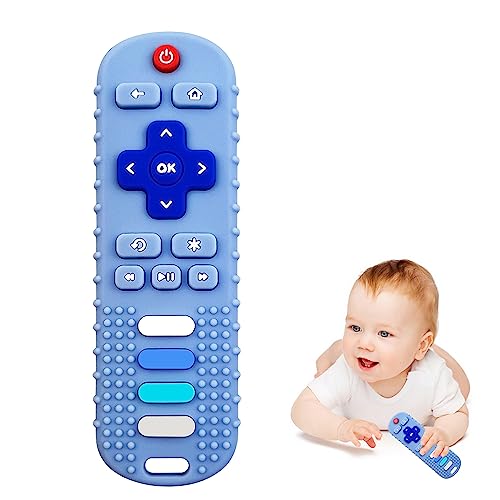 Baby Teething Toys, Food Grade Silicone Teethers for Babies 3 6 12 18 Months, TV Remote Shape Infant Chew Toys for Boys and Girls, Freezer BPA Free (1 Pack-Blue RC)